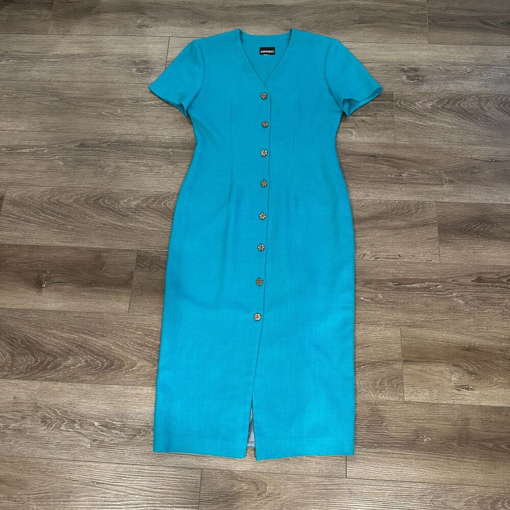 Vintage 90s Teal Blue Short Sleeve Button Front Criss Cross Back Midi Dress